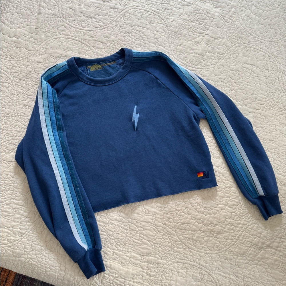Aviator Nation Blue Striped Crop Crewneck Royal Blue 5 Stripe RARE large